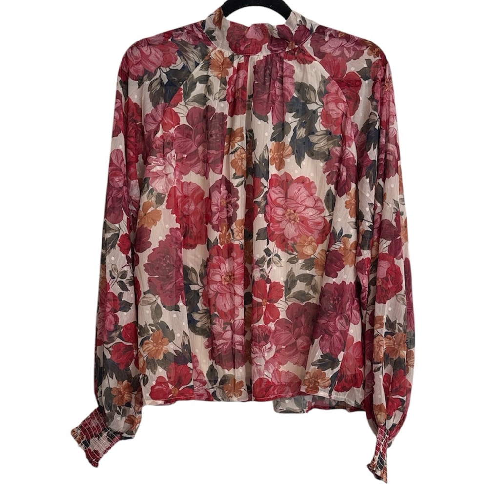 AURA Floral Patterned Long Sleeve Blouse with Gold Stitching and Polka Dots NWT